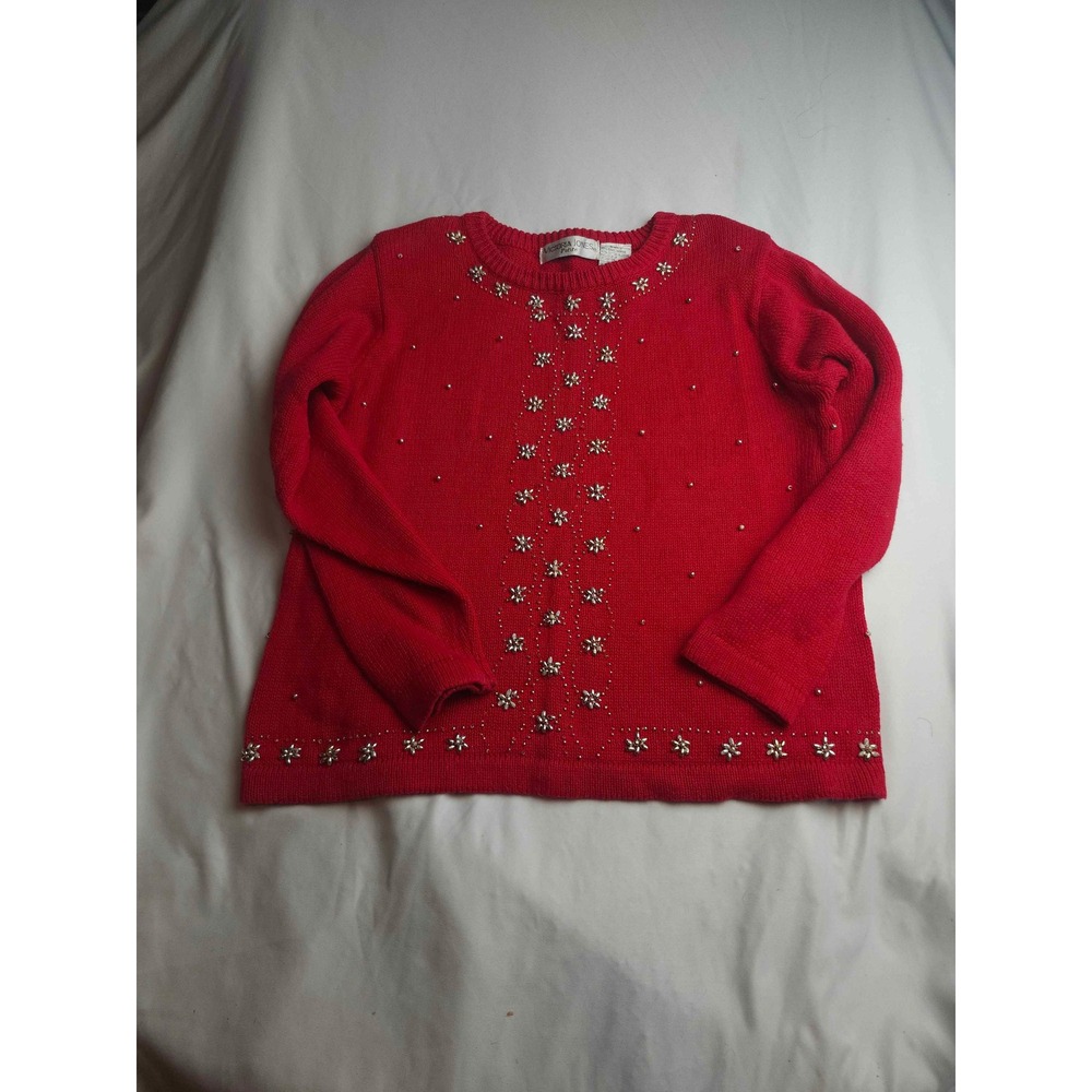 Victoria Jones Red Beaded Floral Knit Sweater Ramie Cotton Womens PM